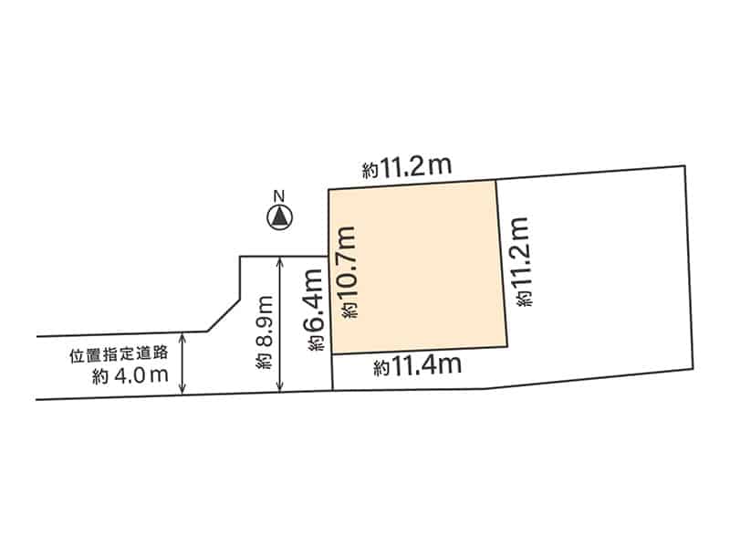伊予市下吾川1775-7・売土地の区画図。土地面積37.90坪、前面道路は位置指定道路で幅約4m〜8.9m