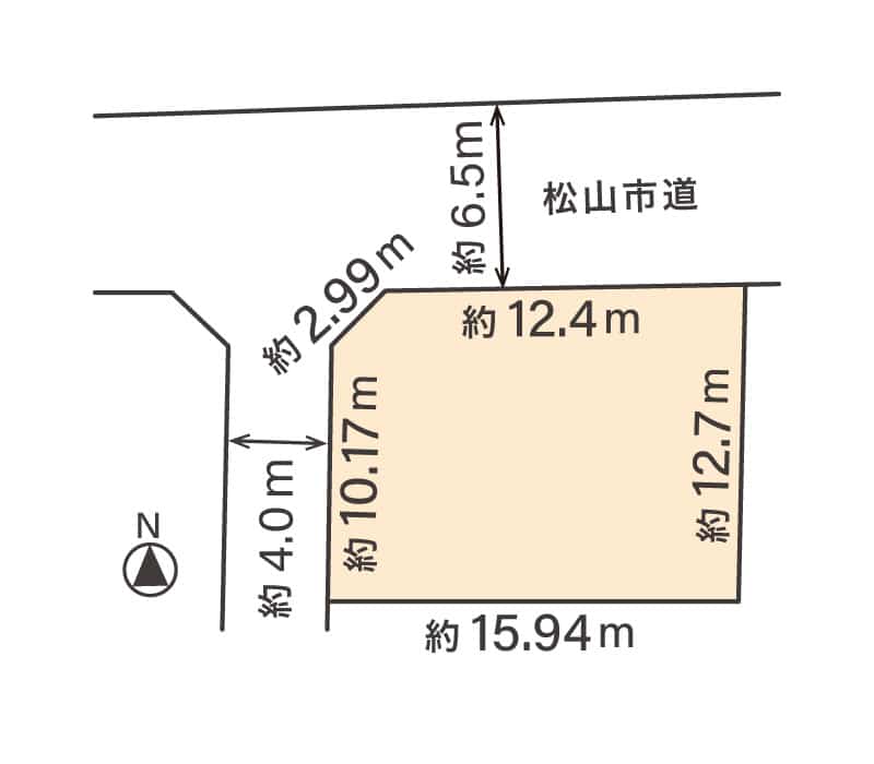 松山市西長戸町の売土地区画図。北西角地。