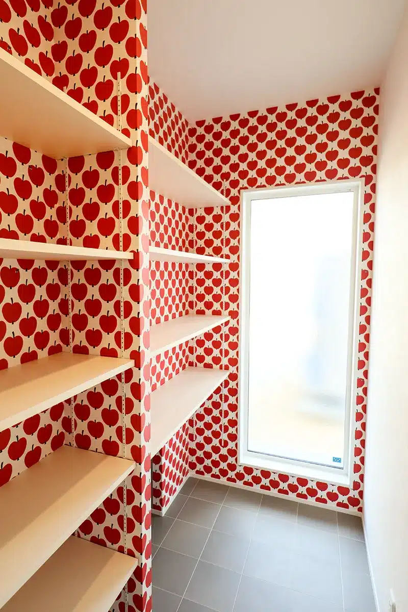 松山市K様邸・赤いリンゴ柄クロスと可動棚が特徴的な大容量パントリー