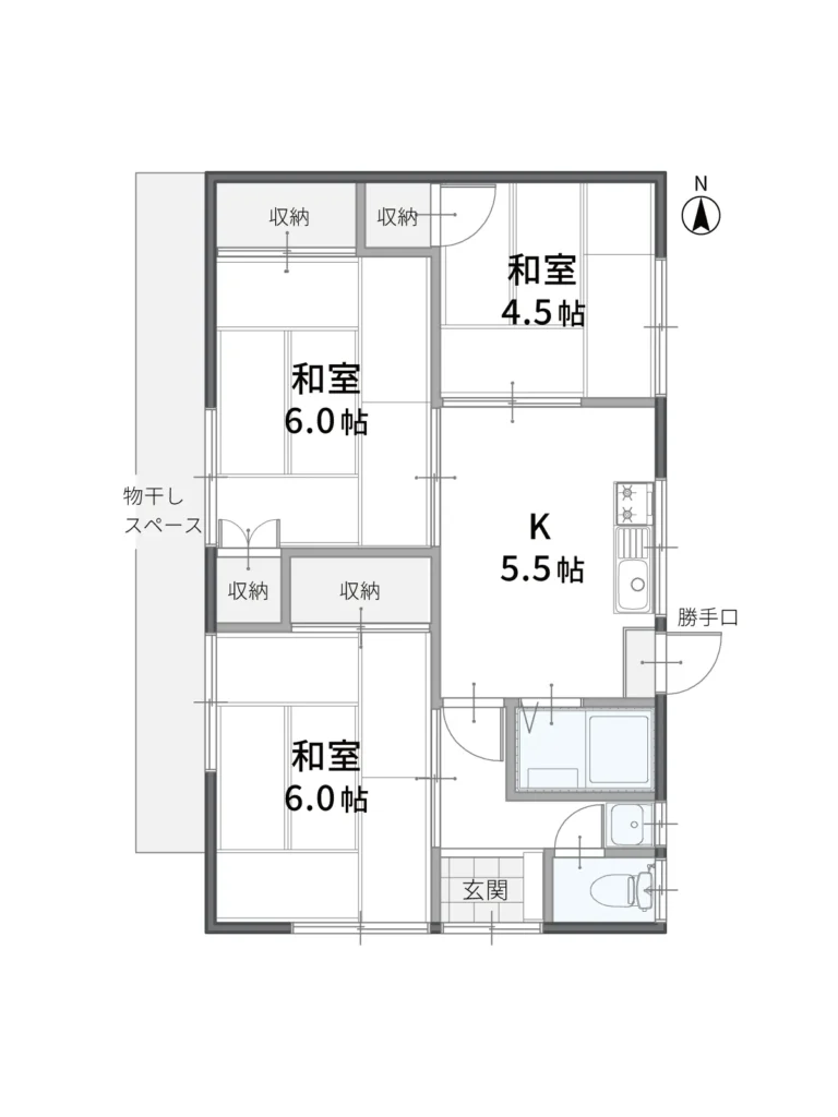 松山市針田町の平屋3DK賃貸住宅 東-2 間取り図